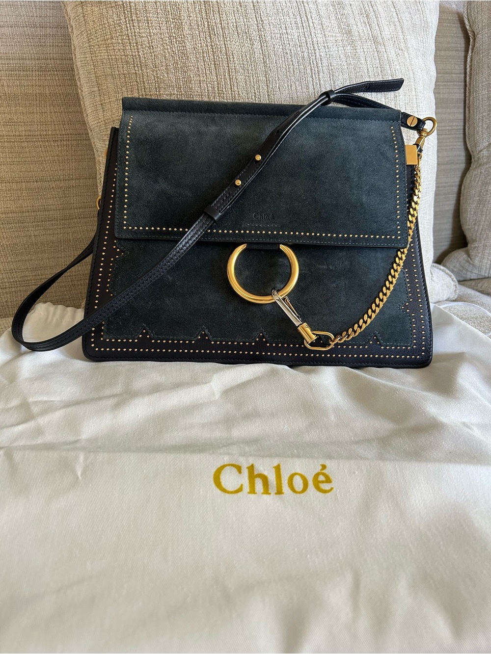 Chloé Navy Medium Studded Faye Suede Shoulder Bag with Gold Ring & Chain